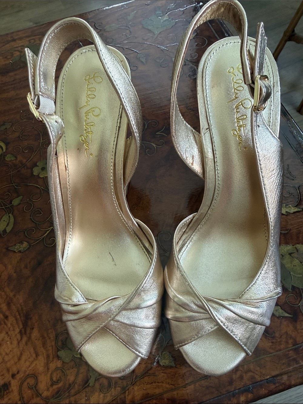 Lilly Pulitzer Christine Gold Slingback Peep-Toe Wedge Heels